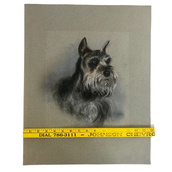 Vintage Pastel Drawing Schnauzer Gray Dog Original Art - Picture 8 of 8